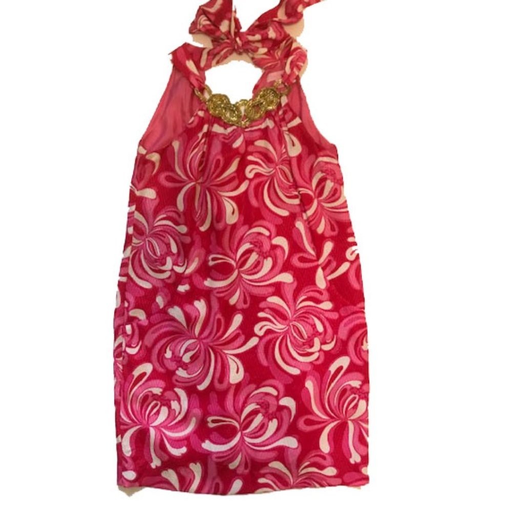 Lilly Pulitzer 100% Silk Halter Dress Pink Print with Gold Metallic Top …
